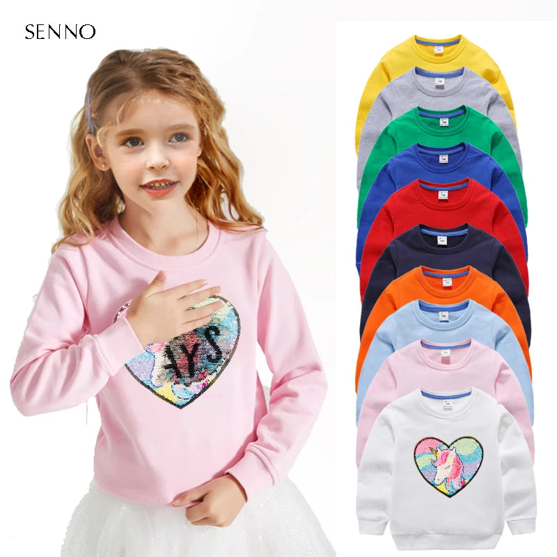Girl Sequin Hoodies Children's Cotton Top Casual Big Girl Transform Sequin TShirt Long Sleeve Winter Autumn Baby Girl Clothes